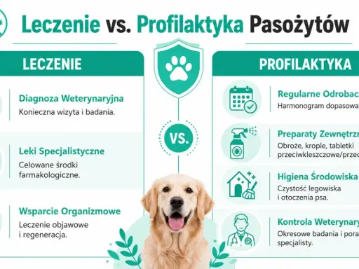 Leczenie vs. profilaktyka pasożytów u psa. Grafika porównuje metody leczenia i zapobiegania, z uroczym psem w centrum.