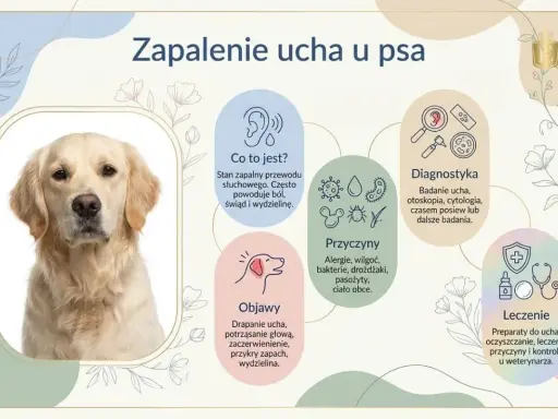 Zapalenie ucha u psa: objawy, przyczyny, diagnostyka i leczenie. Grafika przedstawia psa i informacje o chorobie.