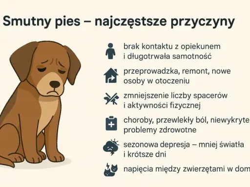 Smutny pies piszczy z wielu powodów: samotność, zmiany w otoczeniu, brak ruchu, ból, depresja czy konflikty z innymi zwierzętami.