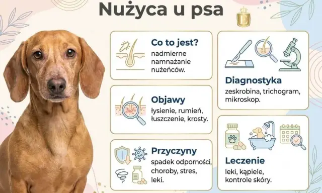 Grafika informuje o nużycy u psa, przedstawiając objawy, przyczyny, diagnostykę i leczenie. Widoczny jest piesek rasy jamnik.