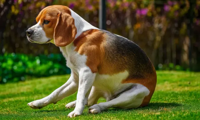 Beagle siedzi na trawie, jakby zaraz miał zjechać na sankach.