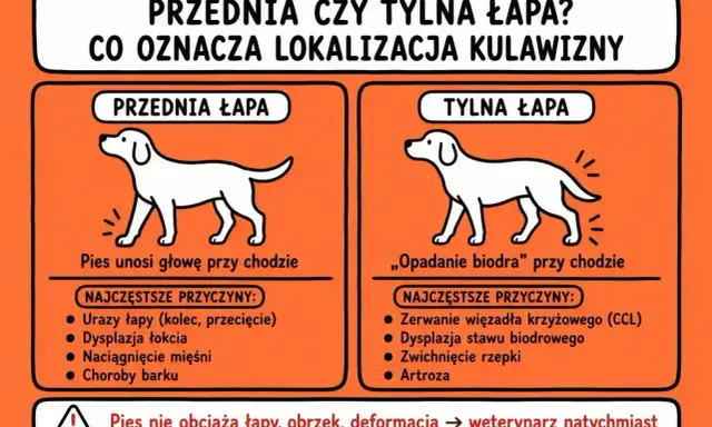 Ilustracja pokazuje nagły problem z chodzeniem u psa. Przednia łapa: pies unosi głowę. Tylna łapa: "opadanie biodra".