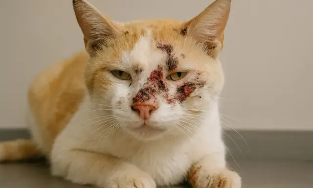 Kot z ranami na pysku i łapach, prawdopodobnie spowodowanymi przez robaki.