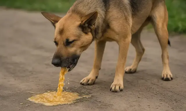 Pies wymiotuje na żółto, jego pysk jest pochylony, a żółta ciecz spływa na ziemię.