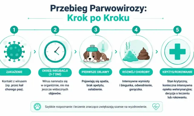Schemat przebiegu parwowirozy u psa: zakażenie, okres inkubacji, pierwsze objawy, rozwój choroby, kryzys/rokowanie. Szybkie rozpoznanie parwowirozy ratuje życie.