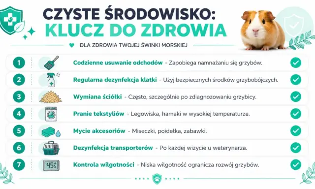 Czyste środowisko kluczem do zdrowia świnki morskiej. Zapobiegaj grzybicy przez regularne sprzątanie, dezynfekcję i kontrolę wilgotności.