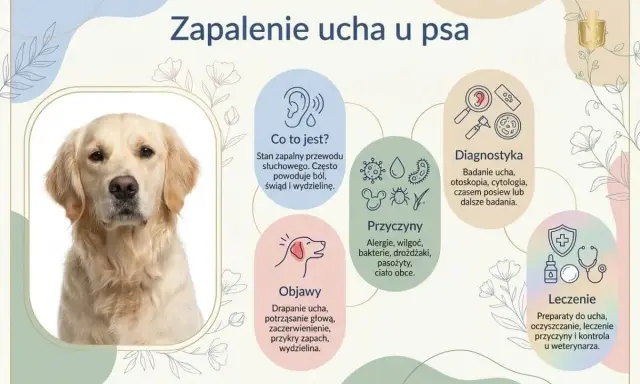 Zapalenie ucha u psa: objawy, przyczyny, diagnostyka i leczenie. Grafika przedstawia psa i informacje o chorobie.