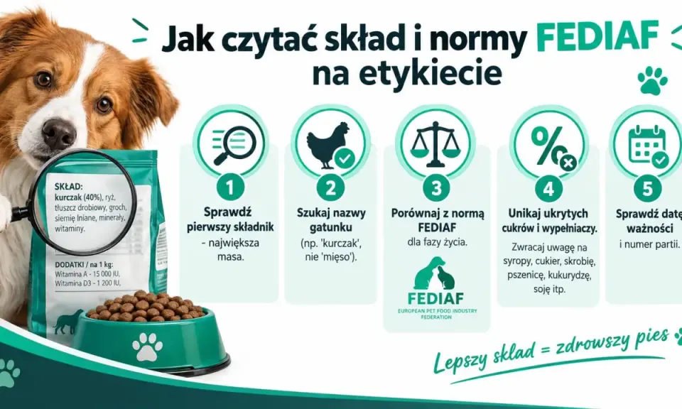 Pies patrzy na karmę, a grafika pokazuje, jak czytać etykiety jedzenia dla psa, by wybrać najlepszy skład.