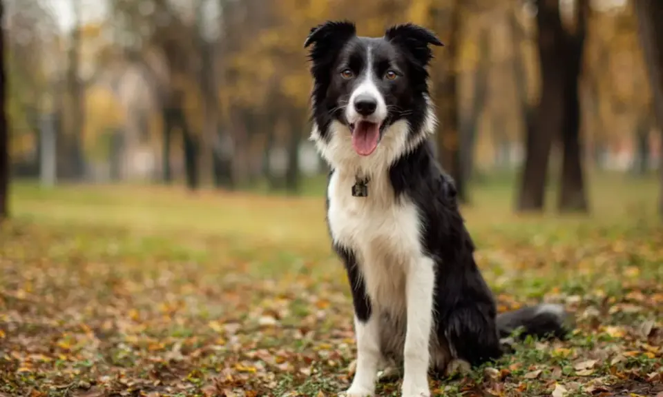 Uśmiechnięty border collie siedzi na jesiennym tle, otoczony opadłymi liśćmi.