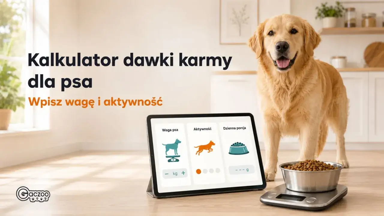 Kalkulator dawki karmy dla psa. Złoty retriever czeka na idealną porcję jedzenia dla psów, obliczoną przez aplikację.