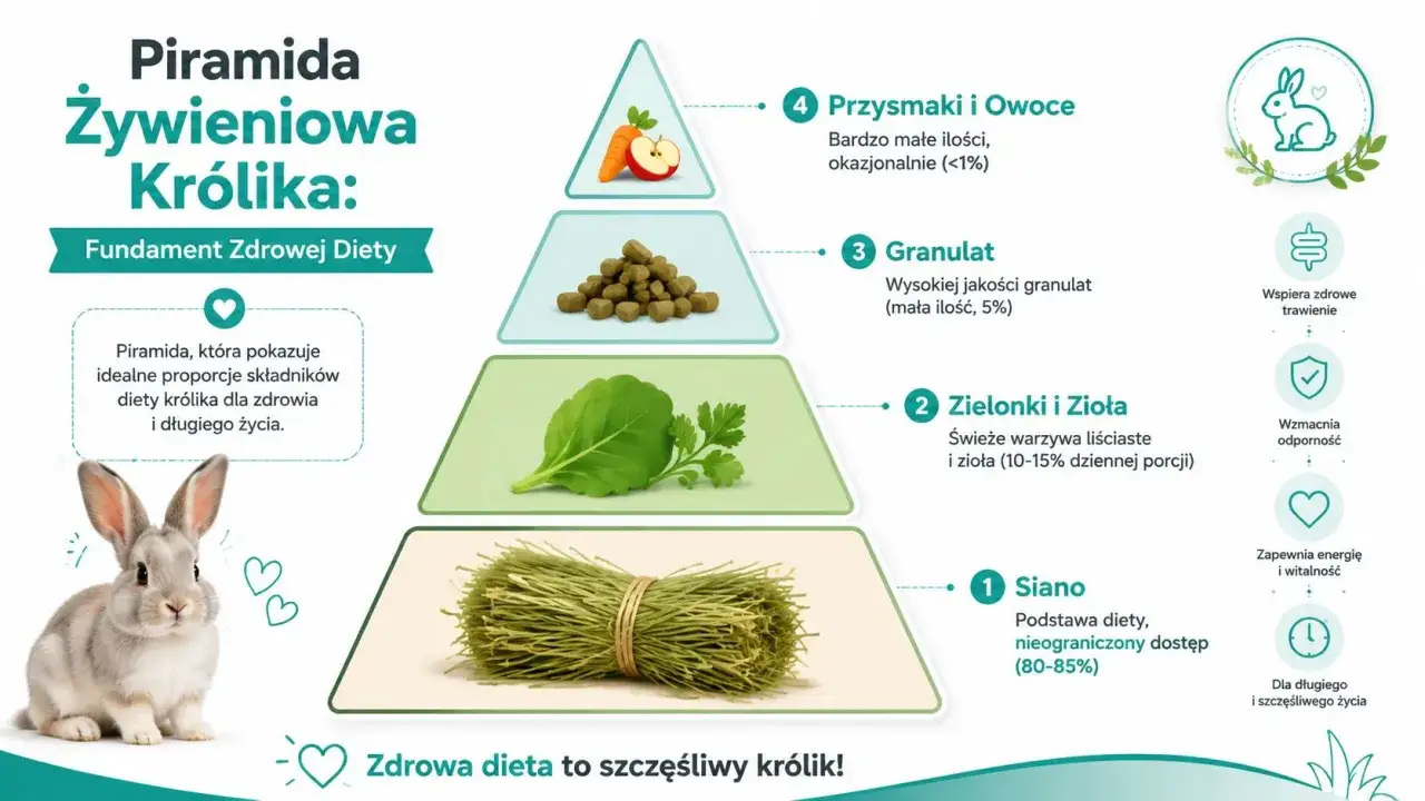 Piramida żywieniowa królika: siano, zielonki, granulat, owoce. Królik obok.