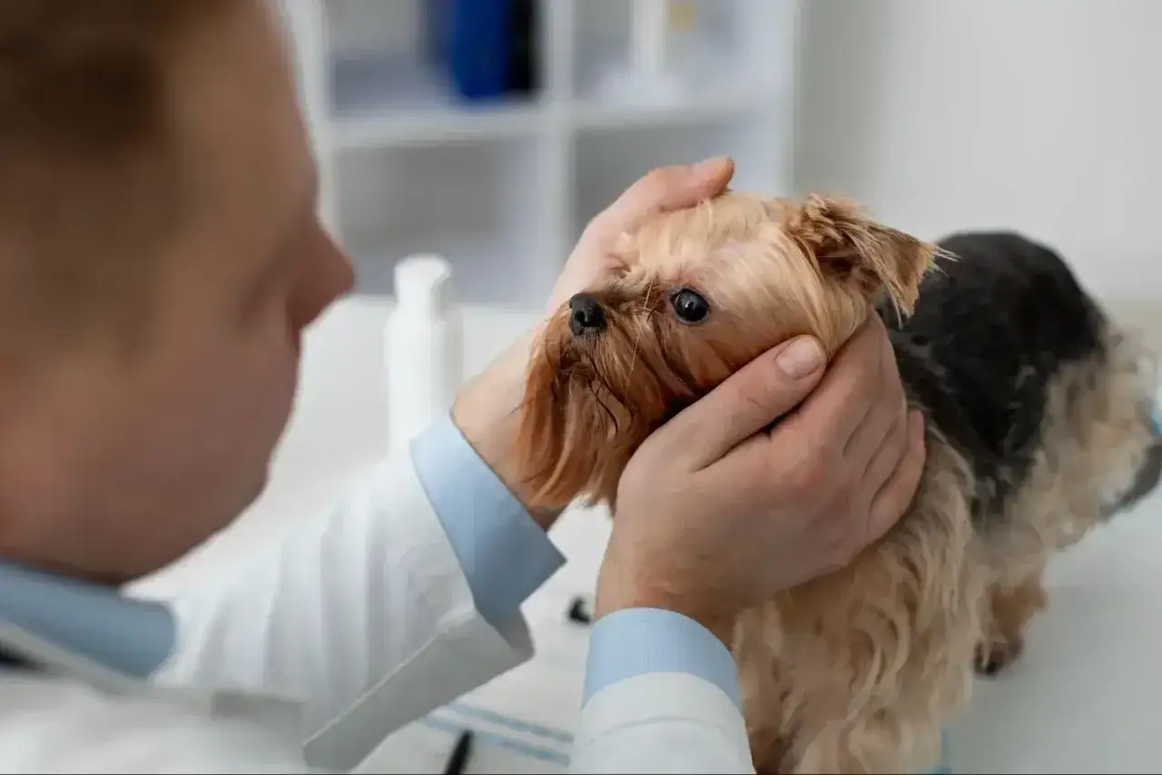 Wet nose, sad eyes. Weterynarz bada yorka, szukając odpowiedzi na pytanie: co na katar u psa.