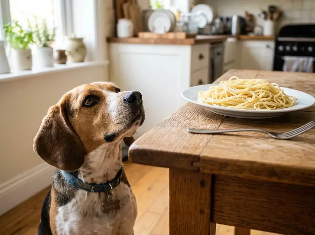 Pies patrzy z nadzieją na talerz spaghetti. Czy pies może jeść makaron? To pytanie zadaje sobie każdy właściciel czworonoga.