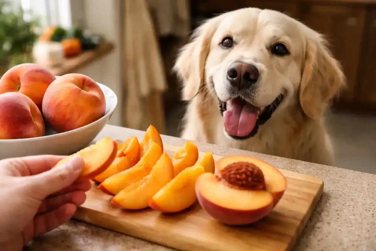 Złoty retriever z językiem na wierzchu patrzy na pokrojone brzoskwinie. Czy pies może jeść brzoskwinie?