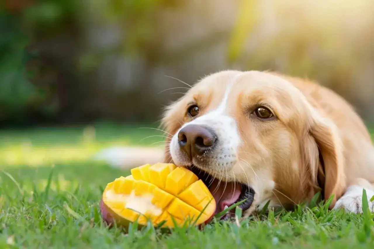 Złoty retriever z apetytem gryzie soczyste mango na trawie. Czy pies może mango? Ten słodki łakomczuch zdaje się mówić: tak!