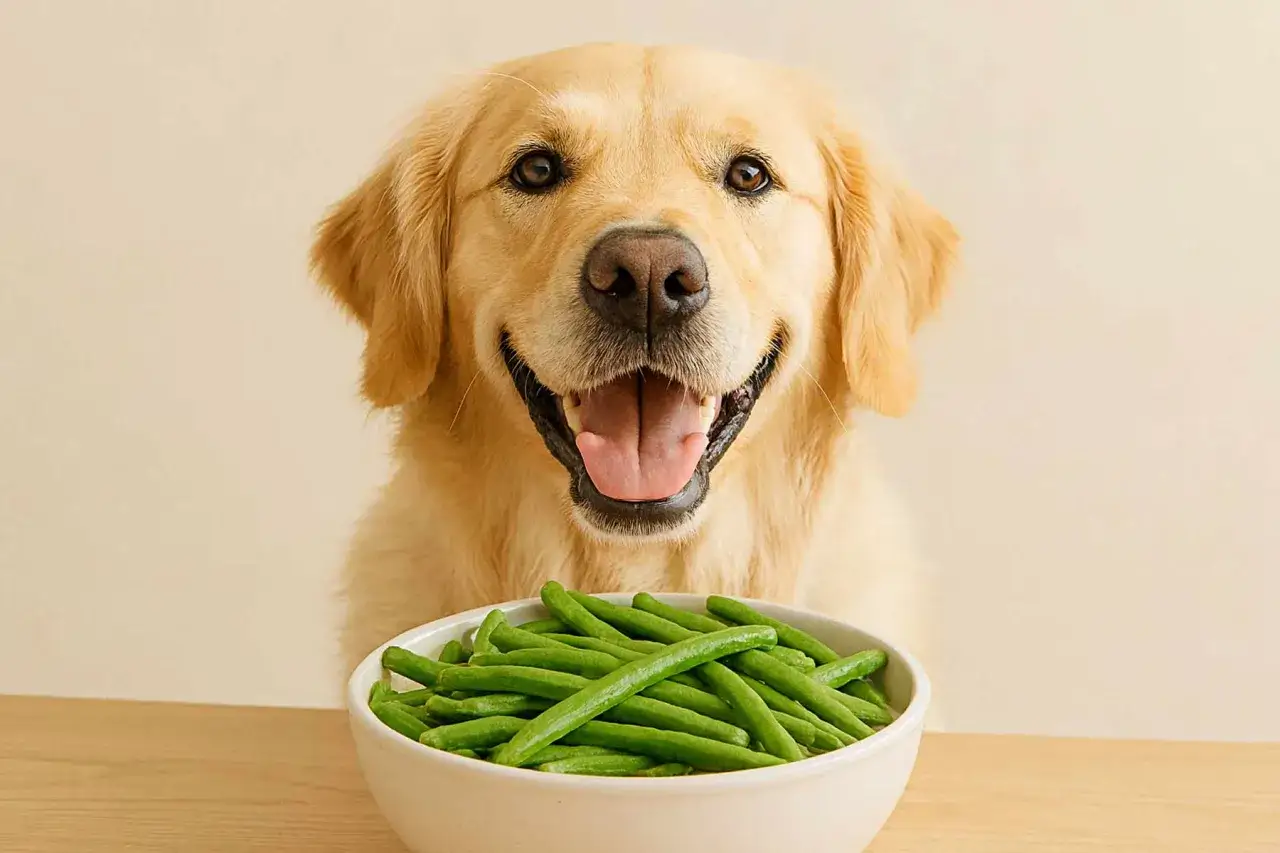 Uśmiechnięty golden retriever patrzy na miskę fasolki szparagowej, zastanawiając się, czy pies może jeść fasolkę szparagową.