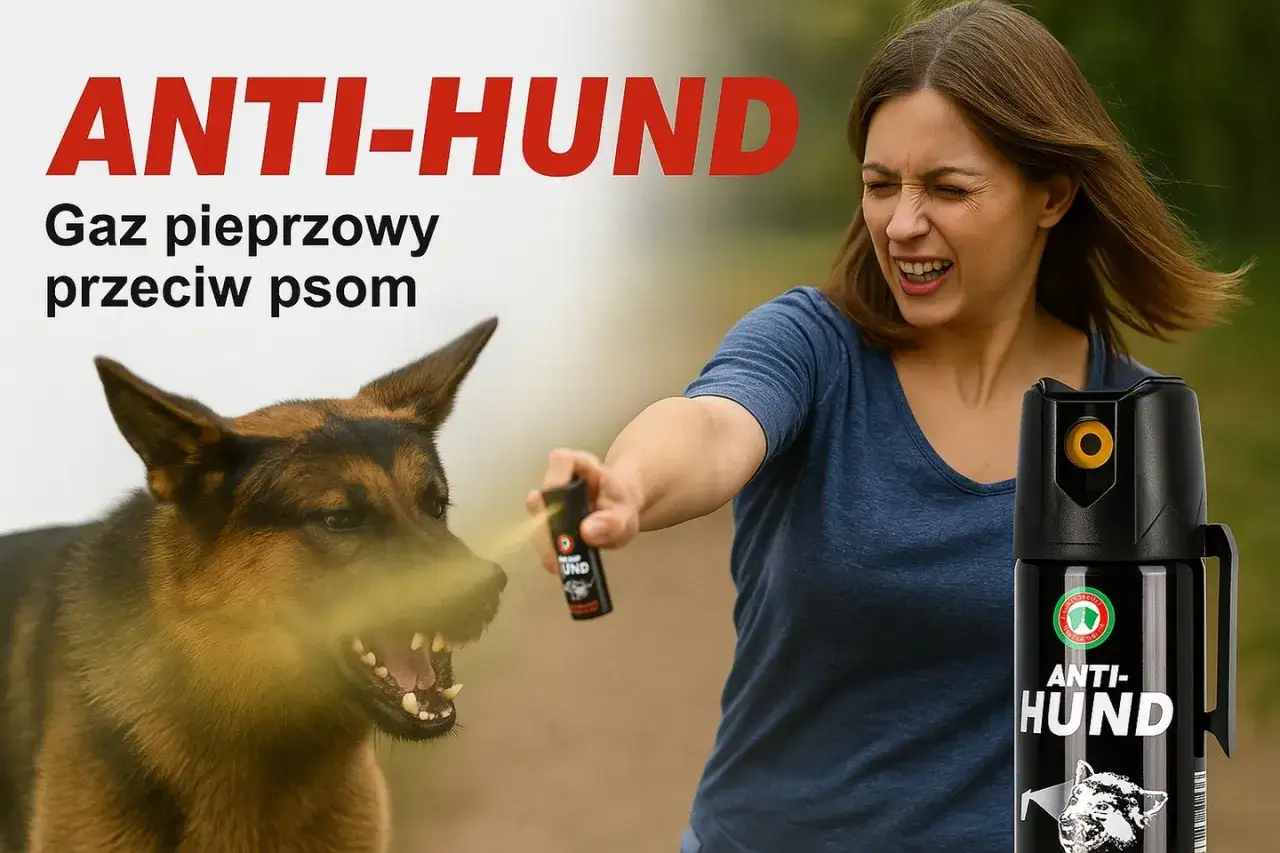 Kobieta używa gazu pieprzowego na agresywnego psa. Czy gaz pieprzowy działa na psy? Tak, skutecznie odstrasza.