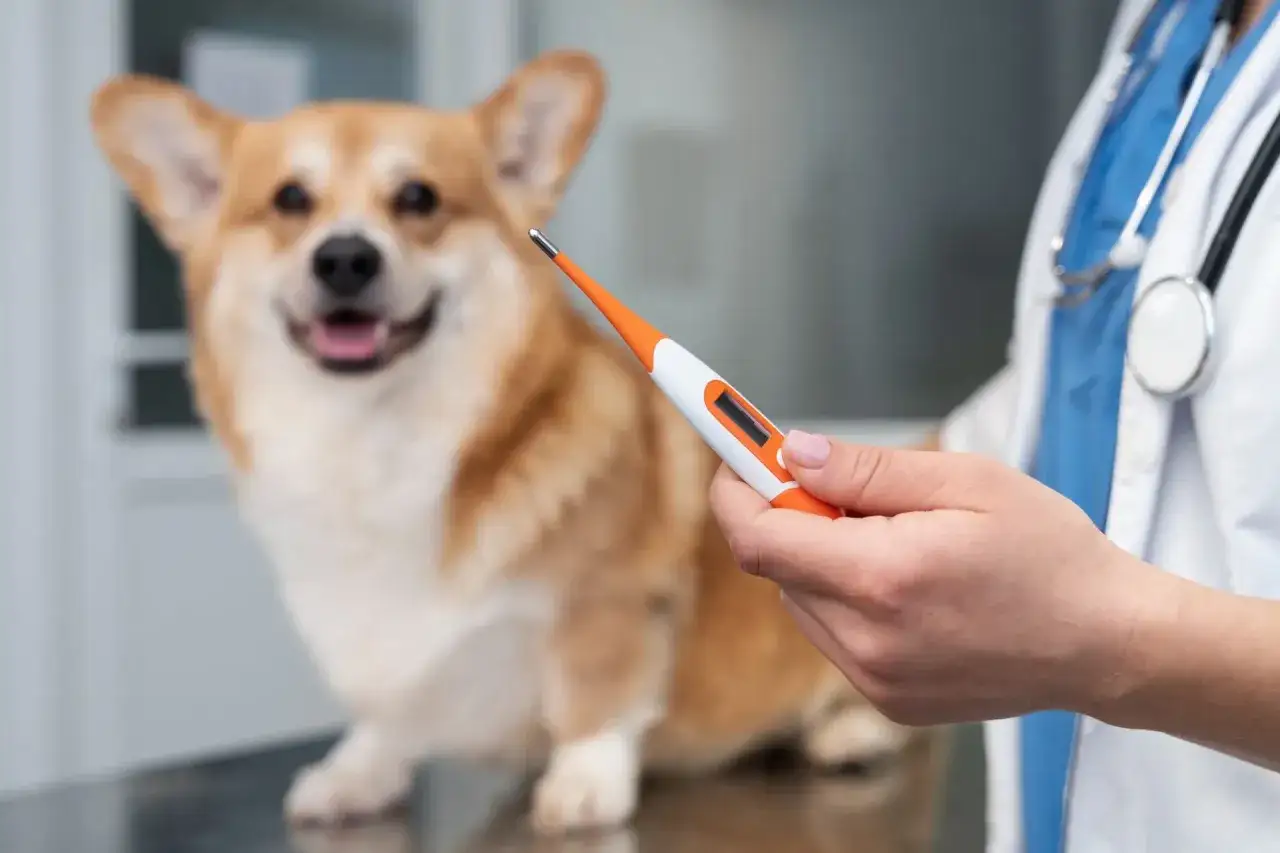 Weterynarz mierzy temperaturę corgi. Czy to tylko ciepły nos u psa, czy coś więcej?