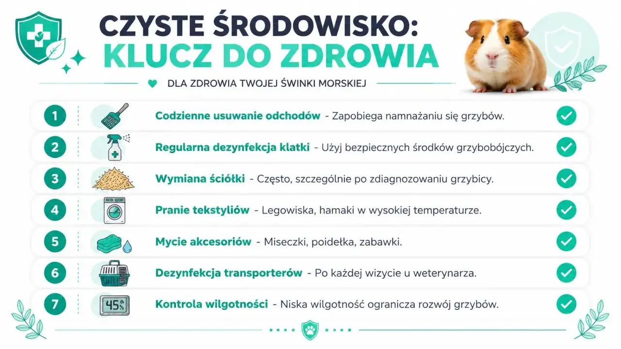 Czyste środowisko to klucz do zdrowia świnki morskiej. Zapobiegaj grzybicy przez regularną dezynfekcję, wymianę ściółki i kontrolę wilgotności.
