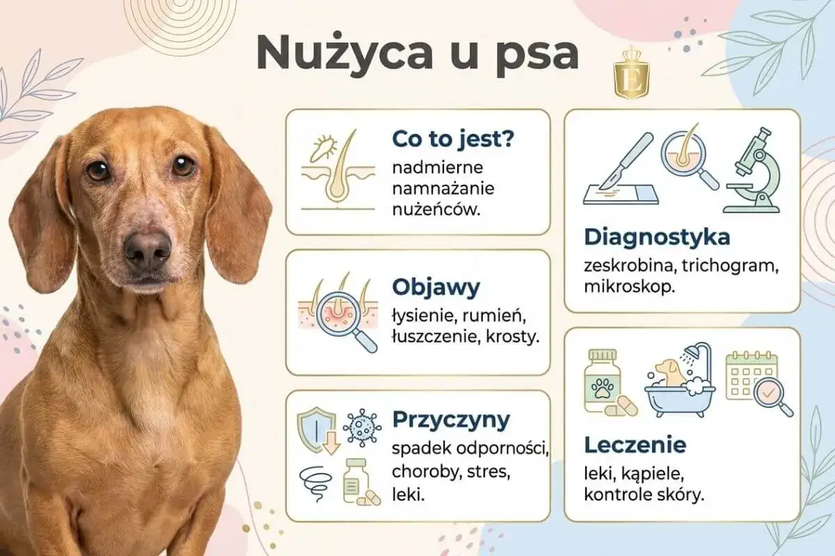 Uroczy piesek z informacjami o nużycy u psa: przyczyny, objawy, diagnostyka i leczenie.