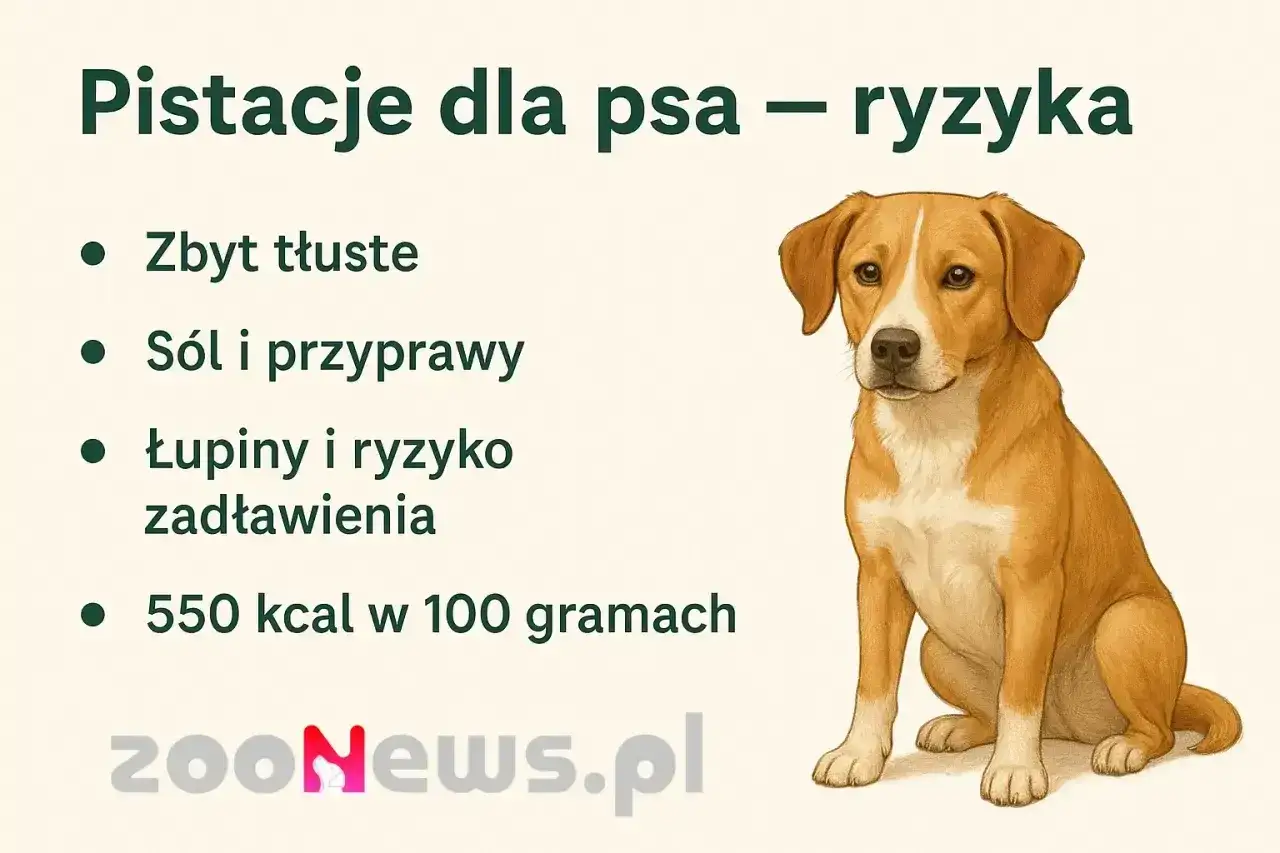 Czy pies może jeść pistacje? Obrazek ostrzega przed ryzykiem: są zbyt tłuste, solone, przyprawione, a łupiny mogą spowodować zadławienie.