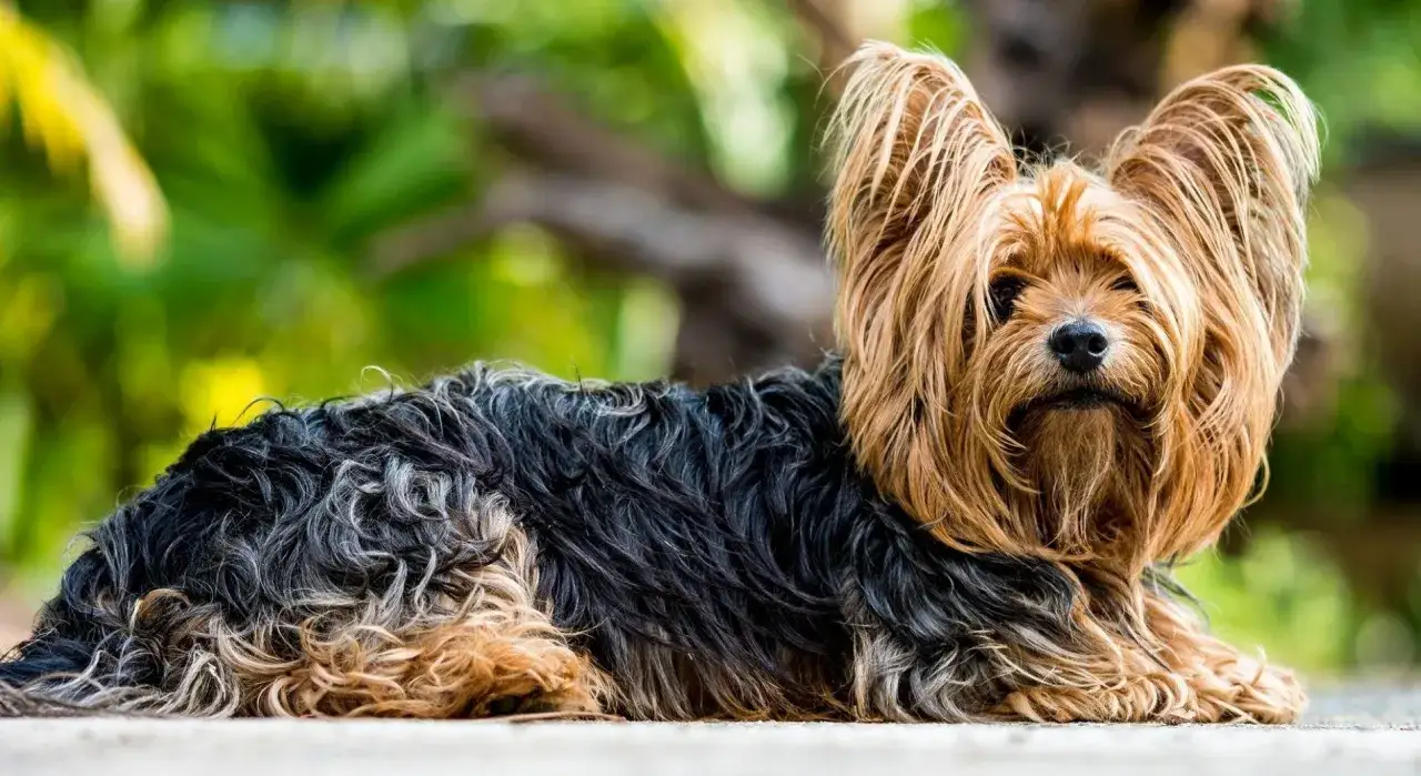 Uroczy yorkshire terrier leży na zewnątrz. Zastanawiasz się, ile powinien jeść york dorosły?