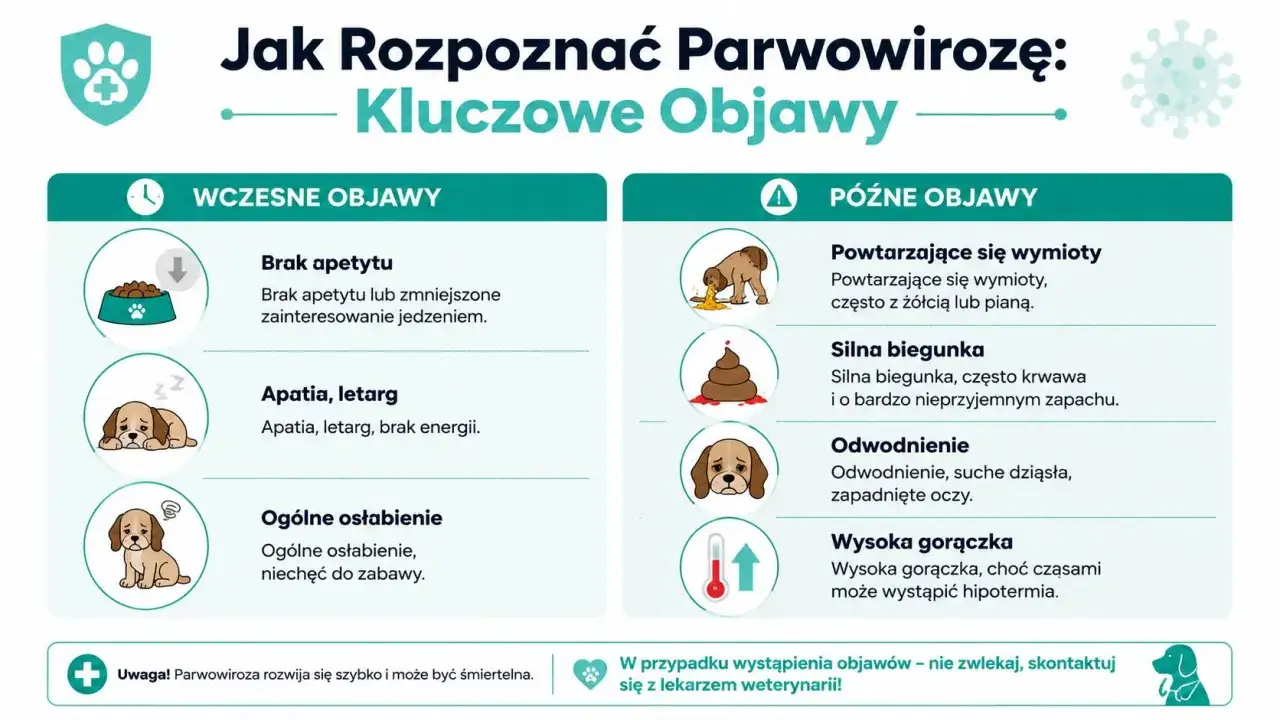 Objawy parwowirozy u psa: brak apetytu, apatia, wymioty, biegunka, odwodnienie, gorączka. Szybka reakcja jest kluczowa.