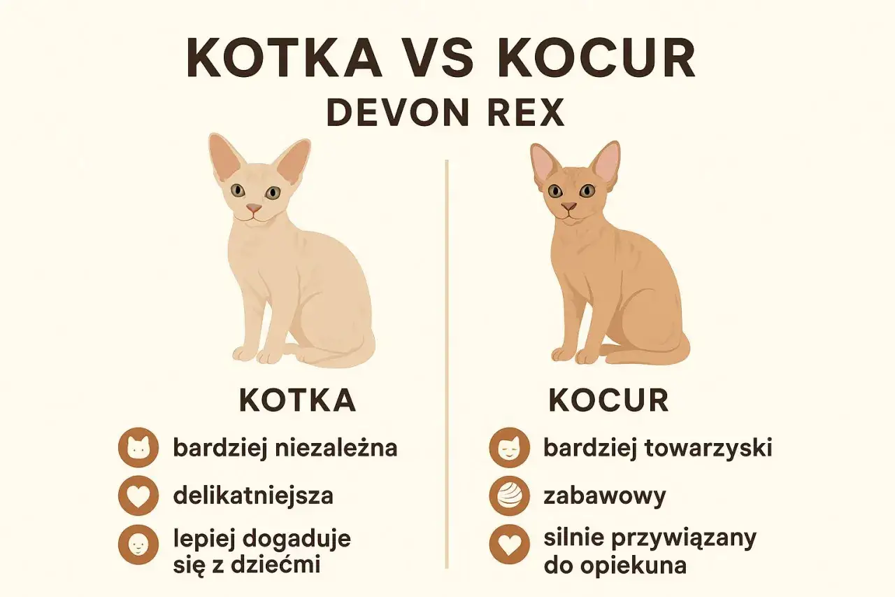 Jak rozpoznać płeć kota Devon Rex? Porównanie cech kotki (niezależna, delikatna, dogaduje się z dziećmi) i kocura (towarzyski, zabawowy, przywiązany).