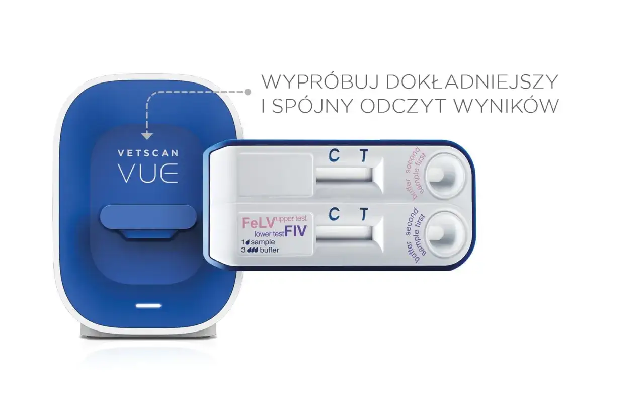 Urządzenie VetsCan Vue z testami do wykrywania białaczki u kota (FeLV i FIV). Szybkie i dokładne wyniki.