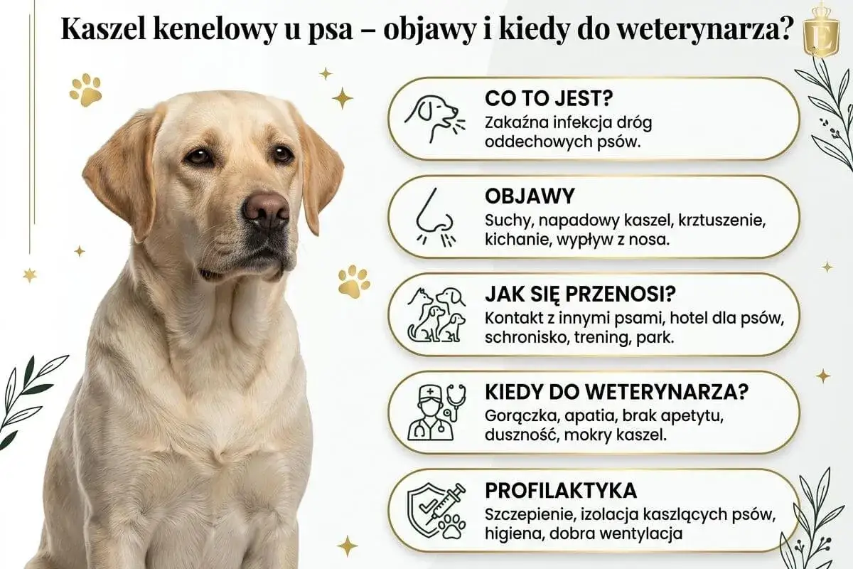 Labrador z informacjami o kaszlu kenelowym. Objawy, przyczyny i profilaktyka. Domowe leczenie kaszlu kenelowego jest możliwe, ale wymaga konsultacji z weterynarzem.