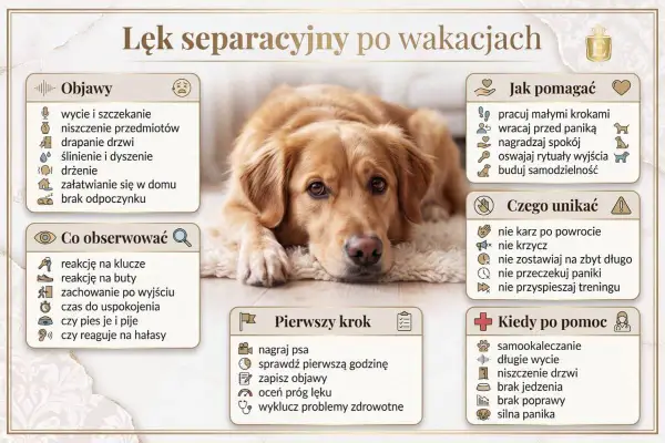 Lęk separacyjny u psa po wakacjach: objawy, jak pomagać, czego unikać i kiedy szukać pomocy. Zdjęcie przedstawia psa leżącego na dywanie.