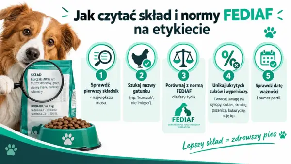 Pies patrzy na karmę, a grafika pokazuje, jak czytać etykiety jedzenia dla psa, by wybrać najlepszy skład.
